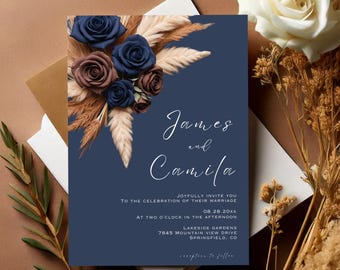 Navy Blue Brown Floral Wedding Invitation, Canva Editable Template, Instant Download, Printable Email Invite, Boho Pampas Grass #L1RSNB