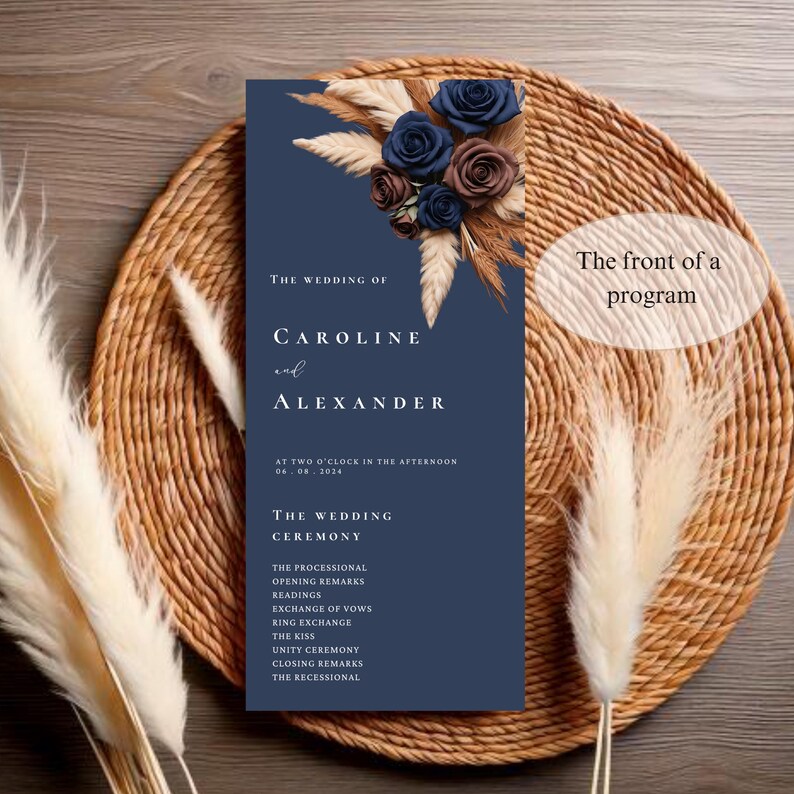 Navy Blue Brown Wedding Programs Template, Ceremony Program, Elegant ...