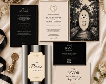 May include: A wedding stationery set featuring black and cream cards with elegant typography. Includes a black details card, a cream invitation with an MG monogram, a black and white illustrated card, a black RSVP card with a QR code, and a striped card.