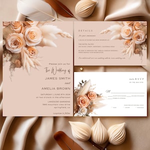パステルオレンジの花柄結婚式招待状セット、Canva 編集可能テンプレート、ピーチカラー、即時ダウンロード、ローズフローラル、RSVP 詳細カード #F4RSLP