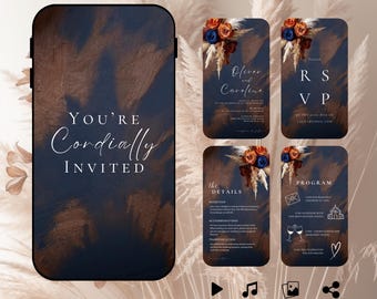 Navy Blue, Burnt Orange, Brown Floral Mobile Wedding Video Invitation, Animated Wedding Invitation, Digital Invite Video, Pampas #F7RSNO