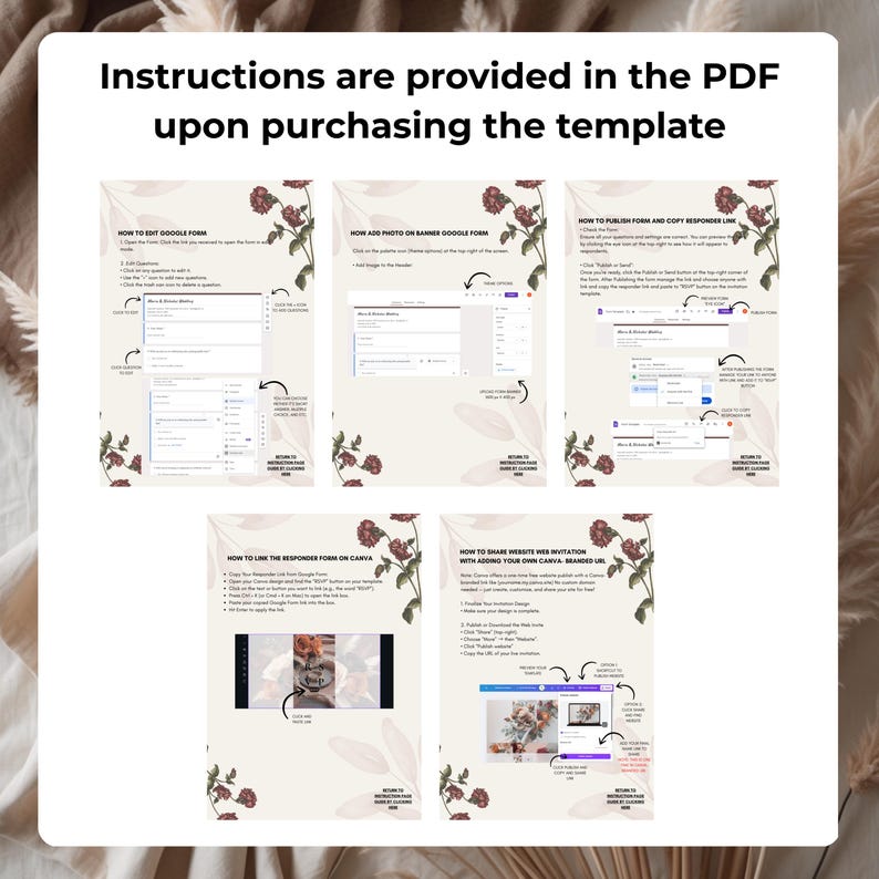 May include: A digital guide with instructions for a template, featuring screenshots and floral accents. The text at the top reads, "Instructions are provided in the PDF upon purchasing the template."