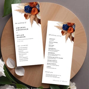 Sjabloon marineblauw verbrand oranje bruiloftsprogramma's, ceremonieprogramma, elegante roos bloemenroute, canvassjabloon, voor- en achterkant #F7RSNO