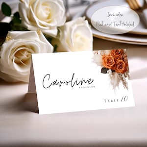 Modelo de cartões de lugar florais laranja queimados para casamento, download instantâneo, modelo editável do Canva, cartão de nome de mesa, plano e dobrado #F4RSBO