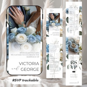 May include: A wedding invitation suite featuring a smartphone graphic with a bouquet of blue and white roses, and additional panels with event details. The text includes "Victoria and George", "RSVP trackable", and wedding day information.