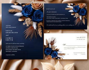May include: Navy blue wedding invitation with gold accents and a floral design featuring blue roses and dried grasses. The invitation includes the names Sofia Anderson and James Smith, the wedding date, time, and location, and RSVP details.