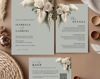 May include: Wedding invitation suite featuring a sage green background with floral and pampas grass accents. The invitation includes the names Isabella and Gabriel, event details, and RSVP information. The suite includes an invitation, details card, and RSVP card.