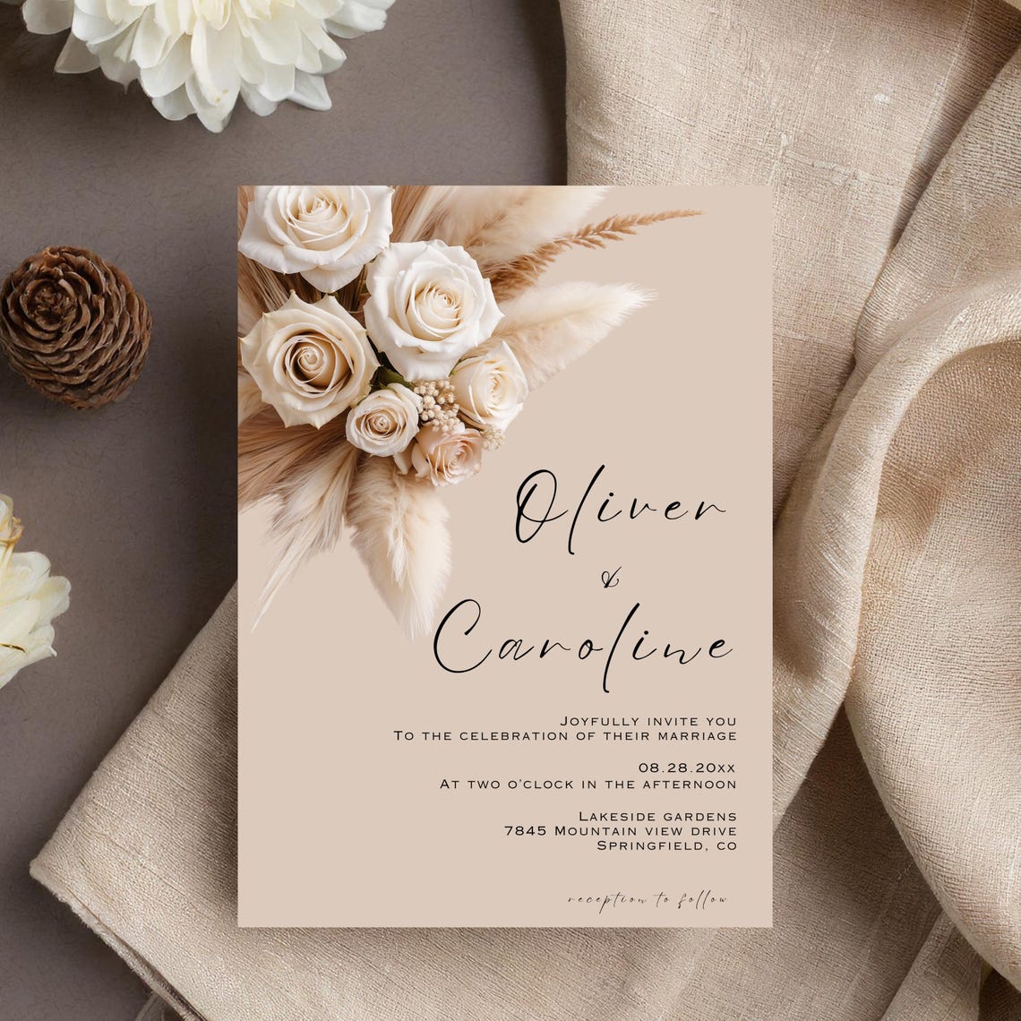 White Cream Floral Wedding Invitation, Canva Editable Template, Instant ...