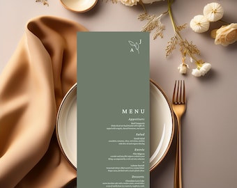 Sage Green Wedding Menu Template, Modern Minimalist Menu, Canva Editable Template, Instant Download, Leaf, Printable Menu Template #W8PNSG
