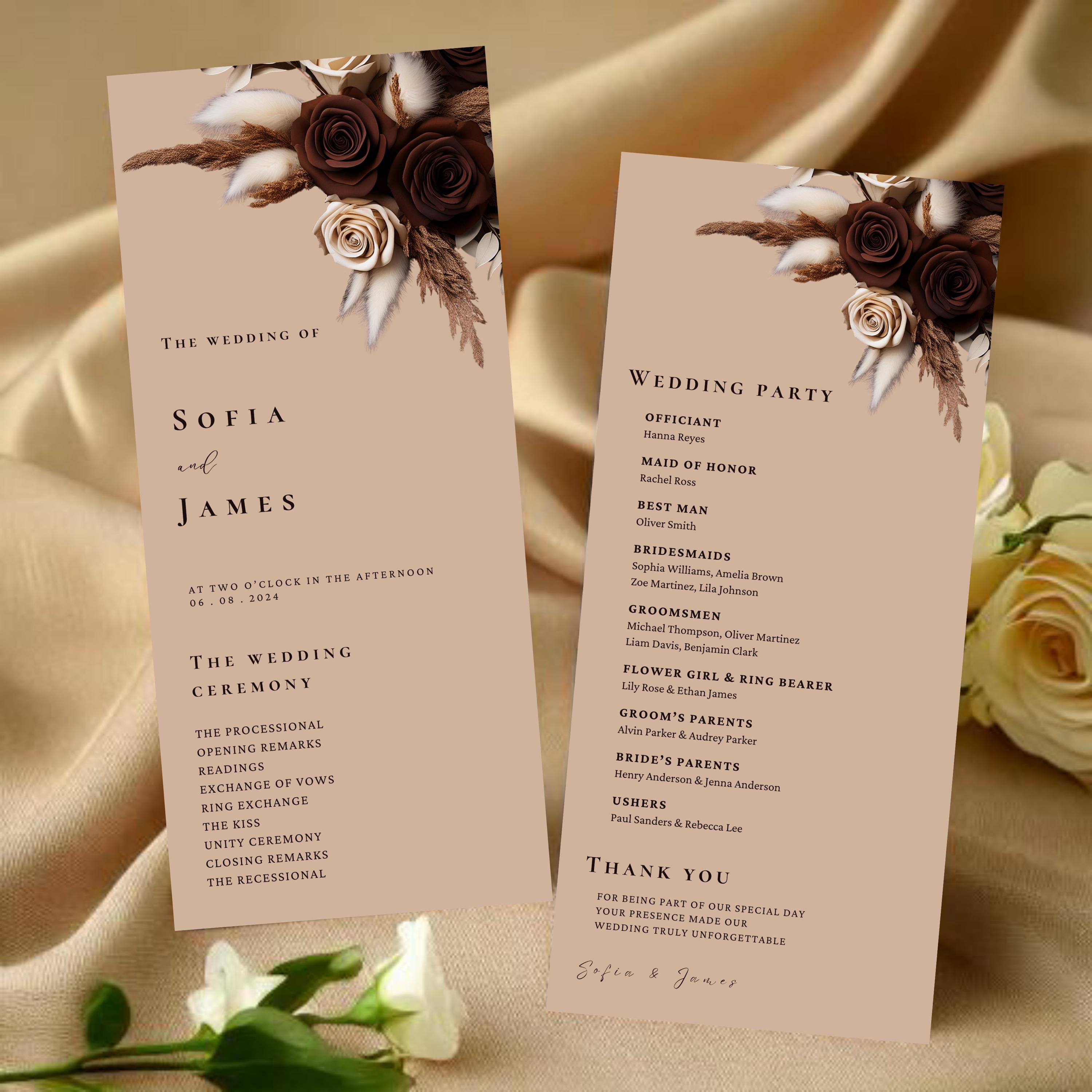 Program Flower Design Brown Floral Wedding Programs Template, Ceremony Program, Elegant Rose ...
