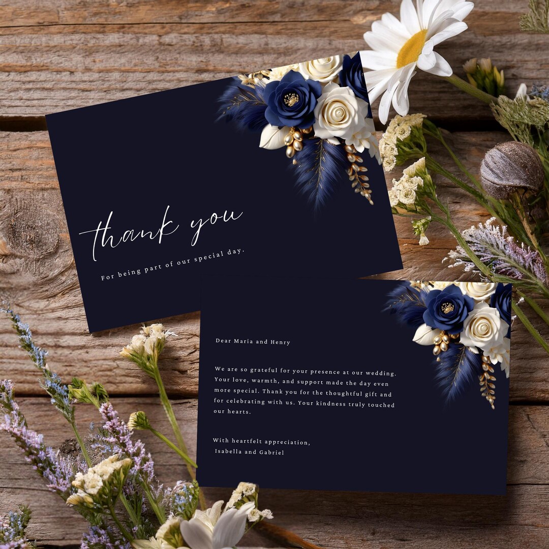 Navy Blue White Gold Floral Thank You Card Wedding Template, Canva ...