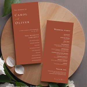 Sjabloon bruiloftsprogramma's verbrand oranje, reisschema ceremonieprogramma, bewerkbare canvassjabloon, voor- en achterkant #W8PNBO