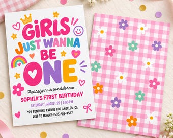 May include: A rectangular birthday invitation card featuring the text GIRLS JUST WANNA BE ONE, Sophia's first birthday, and event details, decorated with colorful hearts, stars, a rainbow, and a crown, alongside a matching pink gingham card with flowers.