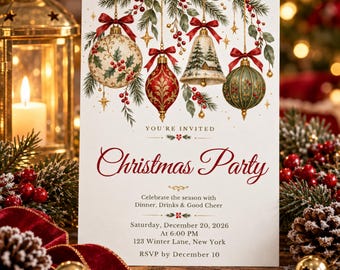 May include: A white Christmas party invitation card featuring hanging ornaments, a bell, and pine branches. Text reads: YOU'RE INVITED, Christmas Party, Celebrate the season with Dinner, Drinks & Good Cheer, Saturday, December 20, 2026, At 6:00 PM, 123 Winter Lane, New York, RSVP by December 10.