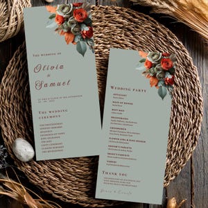 Mall för resplan för bröllopsprogram i salviagrönt terrakotta, ceremoniprogram, fram- och baksida #L2RSST