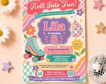 May include: A rectangular birthday party invitation card featuring a teal roller skate, a disco ball, and flowers. The text reads Roll Into Fun, Lila is turning 8, Sunday September 14th, Starlight Skate House 184 Daisy Avenue Nashville TN 37203, and RSVP by September 5 to Emma at 615 555-0128.