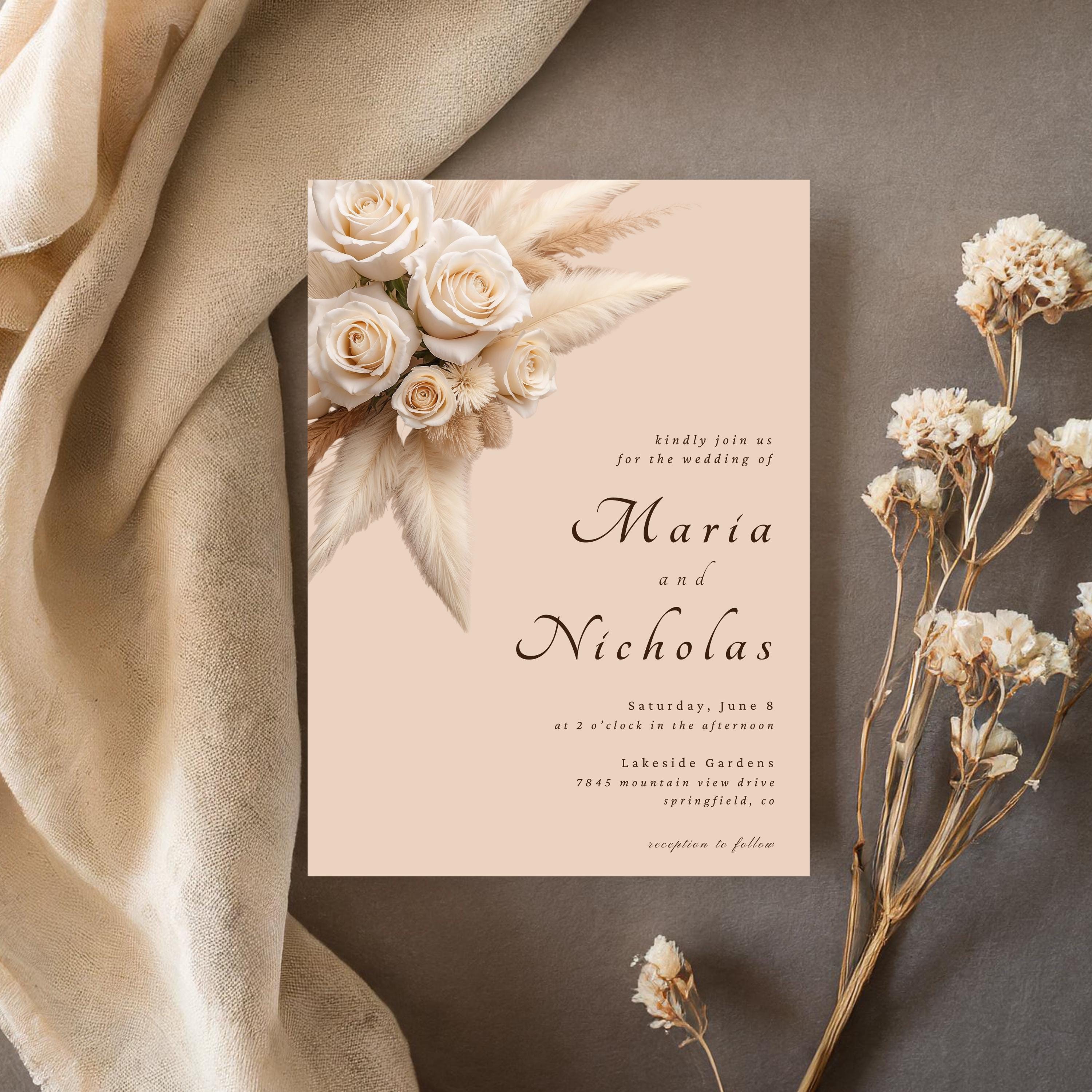 Ivory White Cream Floral Wedding Invitation, Canva Editable Template ...