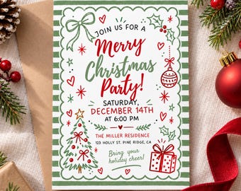 May include: A rectangular Christmas party invitation card with a green and white striped border. The text reads: JOIN US FOR A Merry Christmas Party! SATURDAY, DECEMBER 14TH AT 6:00 PM THE MILLER RESIDENCE 123 HOLLY ST. PINE RIDGE, CA Bring your holiday cheer!