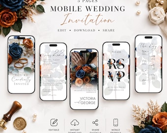Navy Blue Burnt Orange Floral Animated Wedding Invitation Template (Digital Download) #R2RSNB