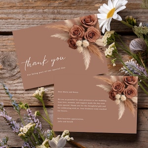 Mokka Mousse Farbe Pantone Floral Dankeskarte Hochzeitsvorlage, druckbare bearbeitbare Dankeskarte, Canva Vorlage, Pampas Grass #L1RSMM