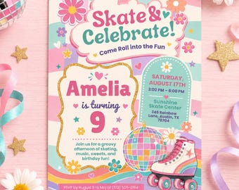 May include: A birthday invitation card featuring a wavy pastel background with the text Skate & Celebrate! Come Roll into the Fun. It includes the name Amelia, the age 9, event details for Sunshine Skate Center, and a graphic of a roller skate.