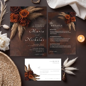 Convite de casamento floral marrom-ferrugem e laranja, modelo Canva, download instantâneo, modelo RSVP e detalhes, grama dos pampas boho #L1RSRO