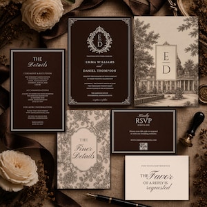 Könnte beinhalten: Eine Sammlung eleganter Hochzeitspapeterie in Braun- und Cremetönen. Das Set umfasst Einladungen, RSVP-Karten und Detailkarten, alle mit verzierten Rändern und klassischer Typografie. Das Design integriert florale und architektonische Elemente.