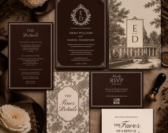 May include: A collection of elegant wedding stationery in shades of brown and cream. The set includes invitations, RSVP cards, and detail cards, all featuring ornate borders and classic typography. The design incorporates floral and architectural elements.