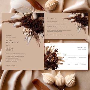 Brown Rose Floral Wedding Invitation Bundle, Canva Editable Template, RSVP & Details Card, Brown Floral Template, Boho Pampas #F4RSBR