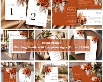 Burnt Orange Floral Wedding Templates Bundle Package Set, Wedding Mega Bundle Set with 30 Reception Wedding Signs Package #F4RSBO
