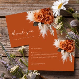 Modello di biglietto di ringraziamento floreale arancione bruciato per matrimonio, biglietto di ringraziamento modificabile, biglietto di ringraziamento stampabile, modello Canva, erba della pampa #F4RSBO