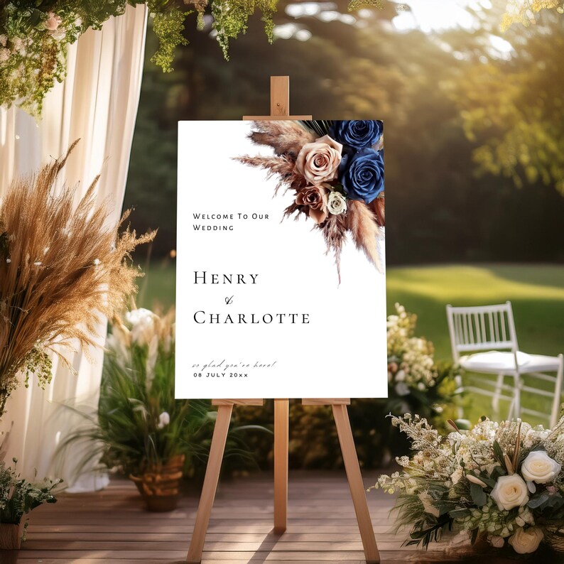 Navy Blue Rose Gold Floral Wedding Sign Poster, Editable Sign
