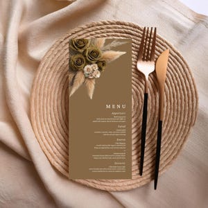 Modelo de menu de casamento floral creme branco oliva, modelo Canva, download instantâneo, capim-dos-pampas boho, modelo de menu para impressão #L1RSOE
