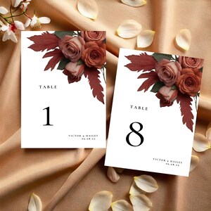 Plaques de numéro de table corail pêche, modèle modifiable sur toile, carte de numéro de table, carte de numéro de table rose florale, feuilles séchées #L1RSPC