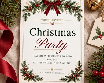 May include: A rectangular Christmas party invitation card featuring a dark red bow and green pine branches with red berries. The text reads: You're Invited, Christmas Party, Saturday, December 20, 2026, 6:00 PM, 123 Winter Lane, New York, NY, RSVP by December 10.
