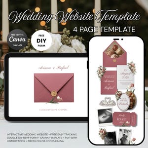 Puede incluir: Plantilla de sitio web de boda mostrada en tableta y smartphone. El diseño presenta un sobre rosa polvoriento con detalles dorados, arreglos florales y los nombres "Aviana & Rafael". El texto incluye "Wedding Website Template" y "4 Page Template."
