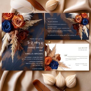 Ensemble de faire-part de mariage floral bleu marine, orange brûlé, roses brunes, modèle modifiable sur toile, modèle de détails RSVP, pampa bohème #F7RSNO