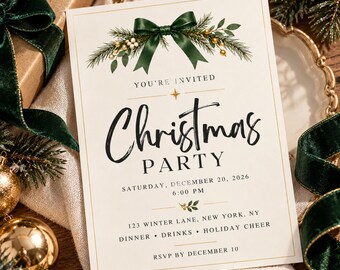 May include: A cream-colored Christmas party invitation card featuring a dark green bow, pine branches, and gold berries. The text reads: YOU'RE INVITED, Christmas PARTY, SATURDAY, DECEMBER 20, 2026, 6:00 PM, 123 WINTER LANE, NEW YORK, NY, DINNER, DRINKS, HOLIDAY CHEER, RSVP BY DECEMBER 10.