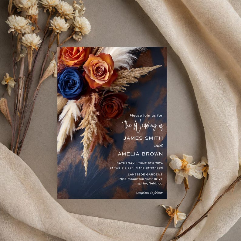 Navy Blue, Burnt Orange, Brown Roses Floral Wedding Invitation, Canva ...