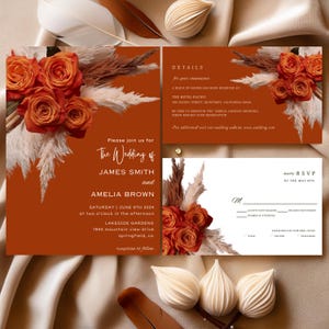 Gebrannte Orange Rose Blumenhochzeitseinladungs-Set, Canva bearbeitbare Vorlage, sofortiger Download, Antwort- und Detailvorlage, Boho Pampas #F4RSNB