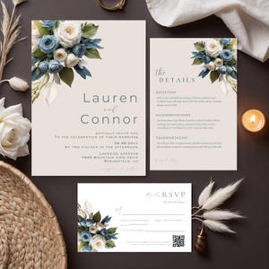Stoffige blauwe zachte witte bloemen huwelijksuitnodiging, canva bewerkbare sjabloon, direct downloaden, sjabloon RSVP en details, aangepaste uitnodiging #L2RSDB