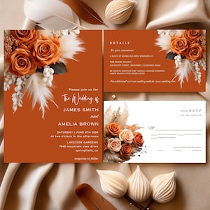 Burnt Orange Rose Floral Wedding Invitation Set, Canva Editable Template, Instant Download, RSVP and Details Template, Boho Pampas #F4RSBO