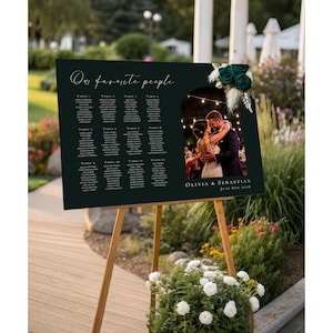 May include: A dark green wedding seating chart on a wooden easel. The chart features a list of names organized by table number, with the text "Our favorite people" at the top. A photo of a couple is on the right side, with the names "Olivia & Sebastian" and the date "June 8th 2028" below.
