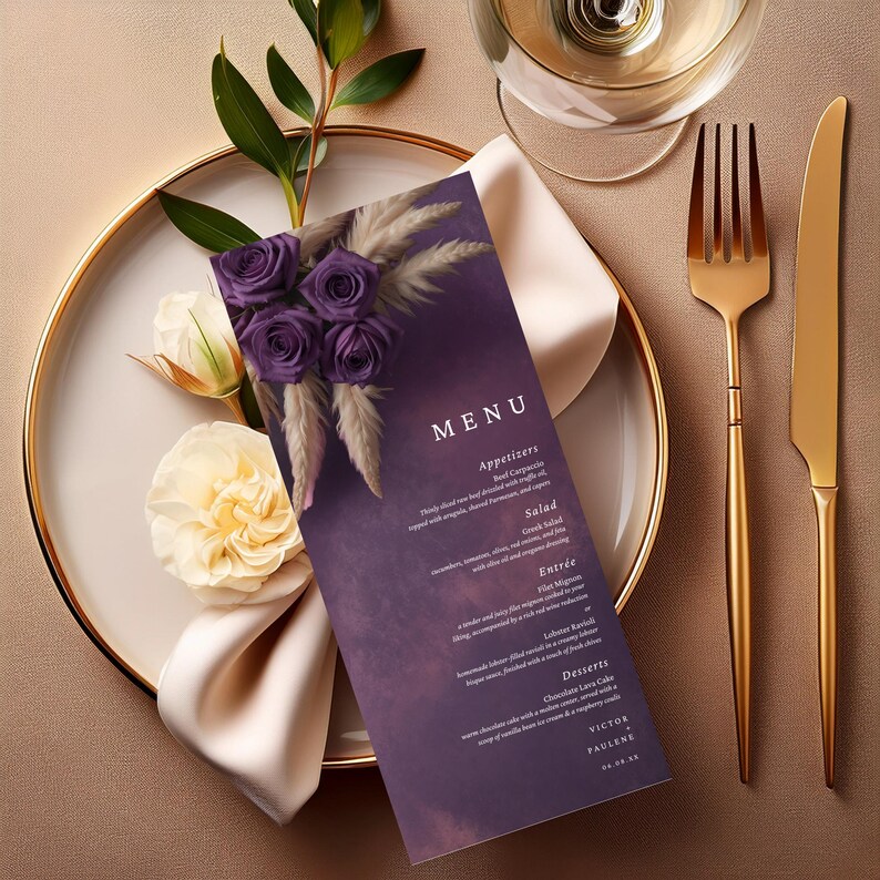 Graduation Puple Menu Card Purple Floral Wedding Menu Template, Canva Editable, Instant Download ...