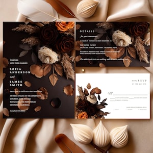 Bundle de faire-part de mariage rose brun orange brûlé, blanc, modèle modifiable sur toile, faire-part noir, pampas bohèmes #F4RSBB