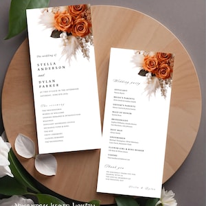 Szablon programu ślubnego Burnt Orange, program ceremonii, elegancki plan podróży Burnt Orange Rose, edytowalny szablon Canva, przód i tył #F4RSBO