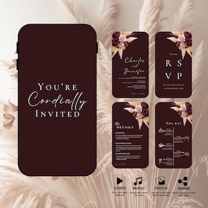 Burgunderrot, Roségold, Champagner Mobile Hochzeitseinladung, Animierte Hochzeitseinladung, Digitales Invite Video, Canva, Pampas #L1RSBR