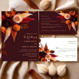 Fall Burgundy Orange Floral Wedding Invitation Set, Canva Editable, RSVP Details Template, Reddish-Brown Template, Boho Pampas #F7RSRB
