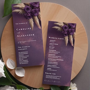Sjabloon paarse bloemen bruiloft programma's, ceremonieprogramma reisplan, canva bewerkbare sjabloon, voor- en achterkant, boho pampagras #L1RSPE