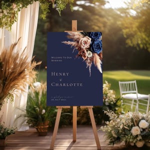 Cartel de bienvenida floral azul marino y oro rosa para boda. Plantilla editable. Descarga instantánea. Plantilla editable de Canva. #F7RSBG